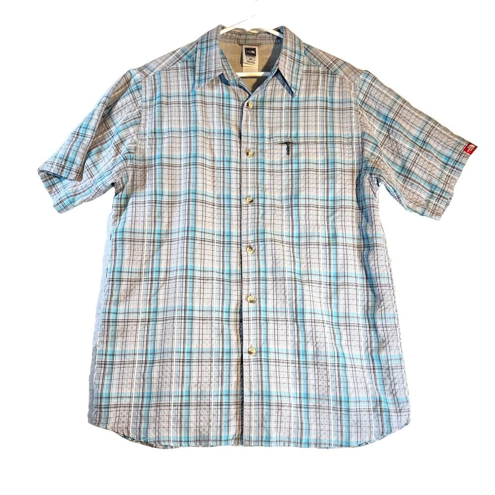 The North Face Button Shirt Men's Medium Zip Pocket "Seersucker-like" Grey Blue